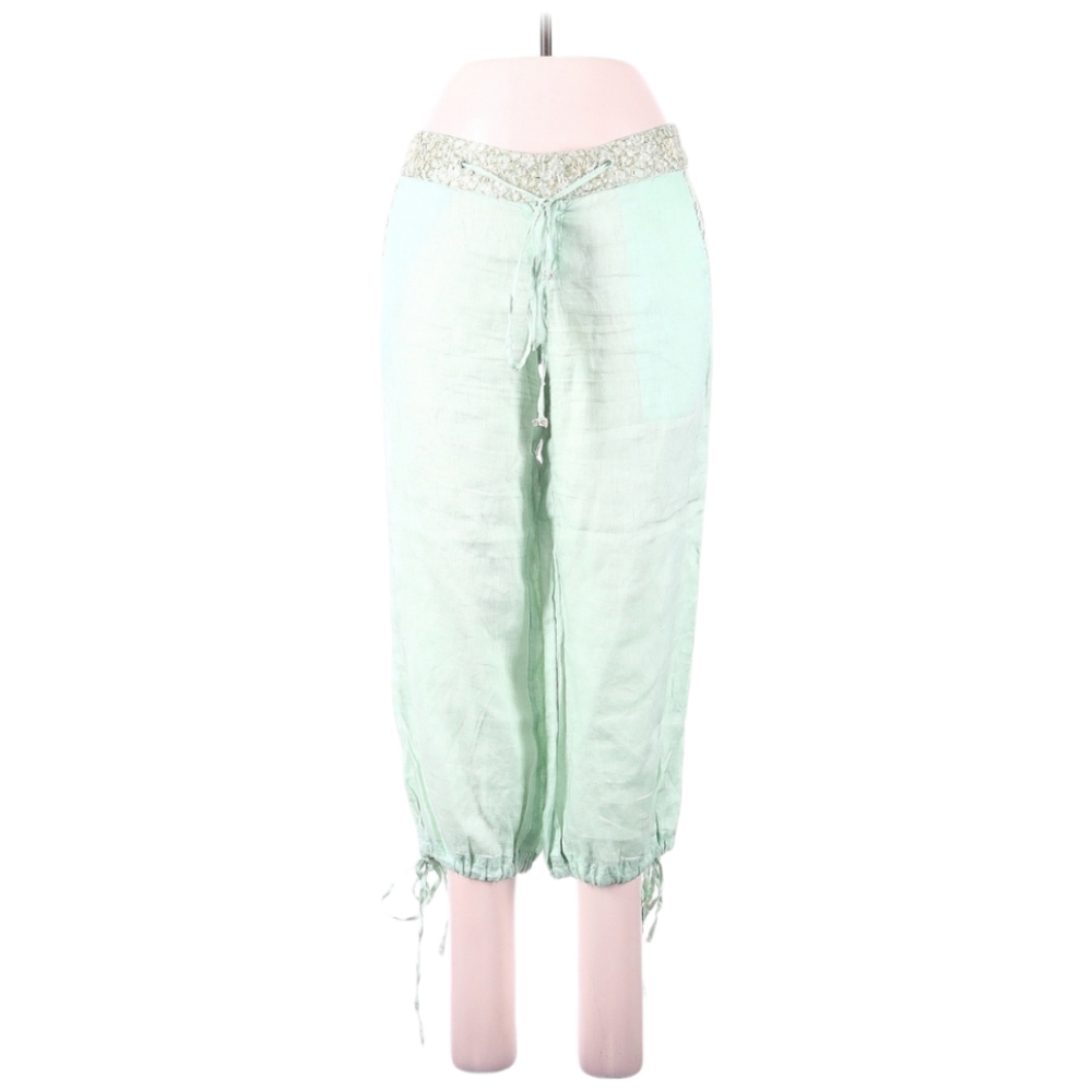 Ya Casual Pants Size M 100% Linen Light Sea Green Gold Trim Cropped Ankle Ties